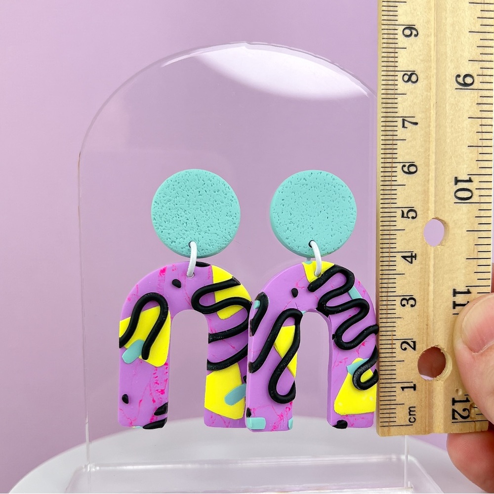 80s Memphis Style Pattern Polymer Clay Dangle Earrings Handmade Funky Re… - Picture 8 of 10
